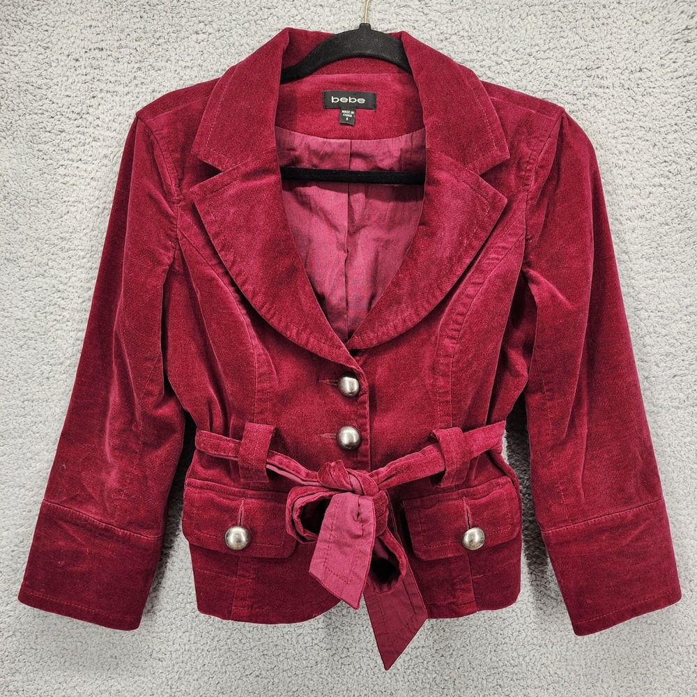 Bebe‎ Womens Burgundy Velvet Belted Blazer Jacket Size 6 Red Wine Silver Buttons